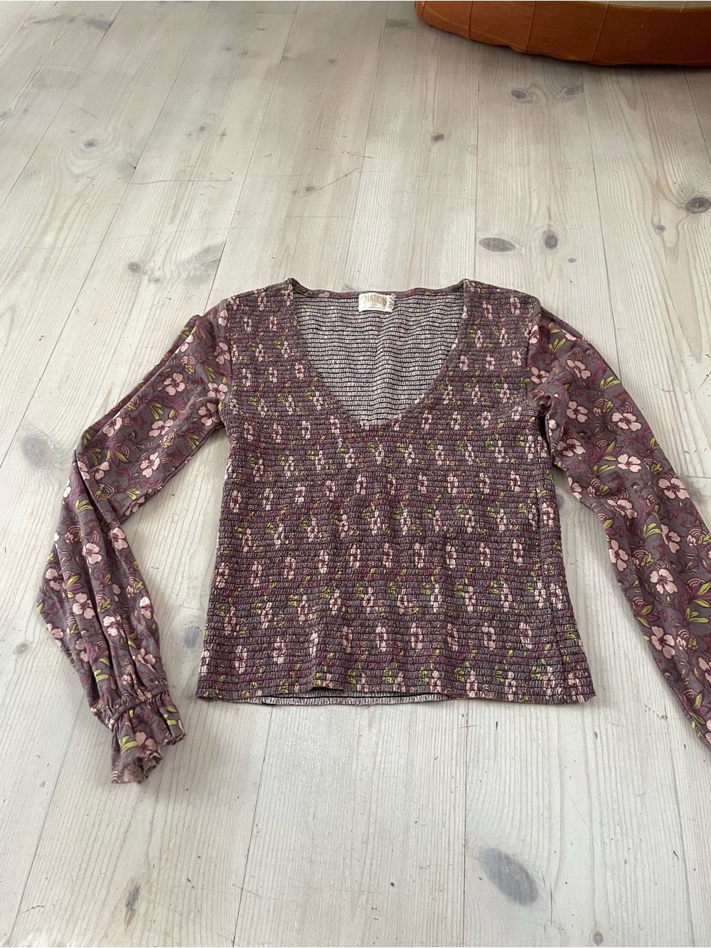 Nation LTD Mauve Floral Mixed-Knit V-Neck Long Sleeve Top